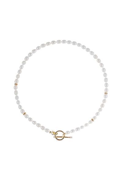 ohmygod jewelry Colier Maktub cu perle de cultură de 6 mm și accesorii din argint placat cu aur, 38 cm