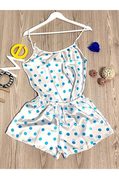 Intisimo Women's Satin Pajamas, 2 Pieces, Simple, Blue Polka Dots, White