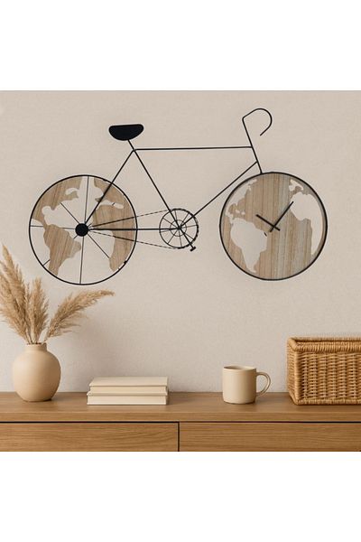 Gift Design Bicycle Design Wall Clock with Global Maps – 84x49 cm | Wood and Metal