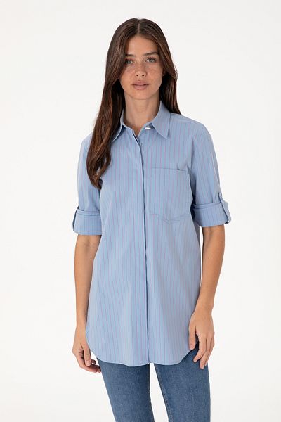 U.S. Polo Assn. Cămașă tunică cu mânecă lungă albastră pentru femei 50299523-vr036