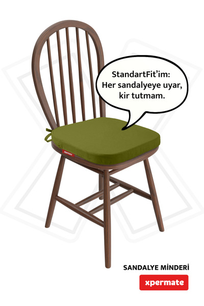XPERMATE StandartFit Oval Sandalye Minderi Fermuarlı Yıkanabilir Kılıf Bağcıklı Su ve Yağ İtici 42x42x5 Yeşil