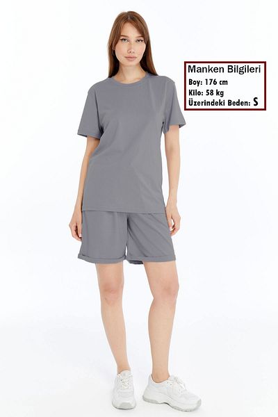 KRAVEN Women's 2-Piece Gray T-Shirt & Double Leg Shorts Set, Combed Cotton, Lycra Fabric Regular Fit