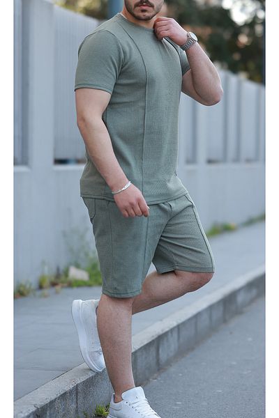 viperkombin T-Shirt and Shorts 2-Piece Set Waffle Fabric Stripe Detailed Textured Fabric
