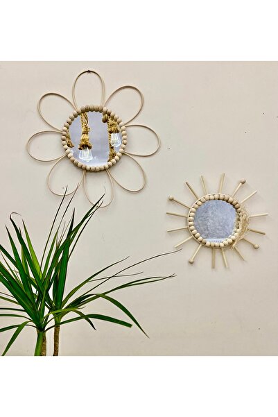 kattuna Bohemian Natural Rattan Bamboo Flower Detailed Beaded Islandinav Mirror Set of 2