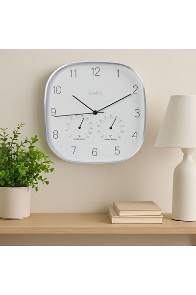 Gift Design Wall clock with weather station, metal / glass, 28.5 cm, white / silver