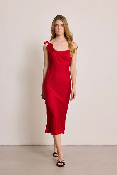 Gusto Evening Dress with Rose Brooch on Thin Straps - Red