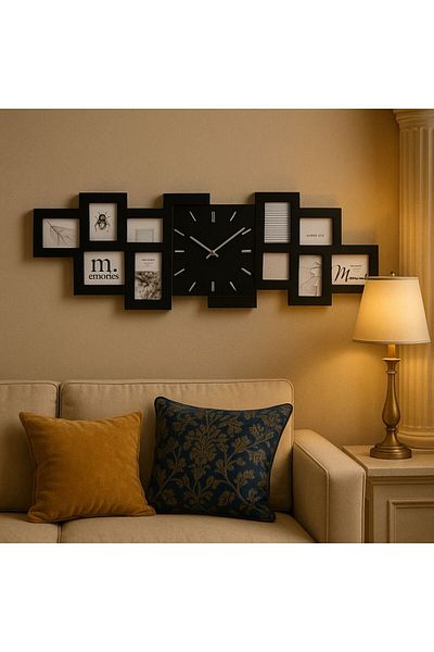 Gift Design Wall clock with photo frames, collage type, 10 photos, black color, MDF, 80x4x26 cm