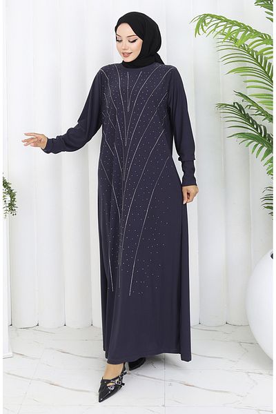 sefamerve Sandy Fabric Stone Evening Dress 2061-01 Smoked
