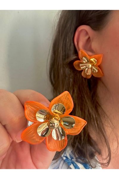 ALS Tasarım Dünyası Women's Orange Color Middle Gold Color Flower Earrings