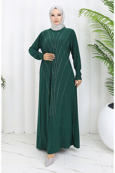 sefamerve Sandy Fabric Stone Evening Dress 2061-03 Emerald Green