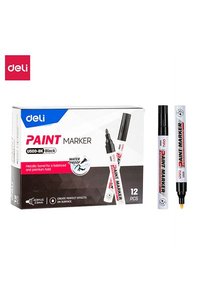 Deli EU500-BK Paint Marker, Black, 12PCS – For Metal, Glass, Plastic & Wood Marking