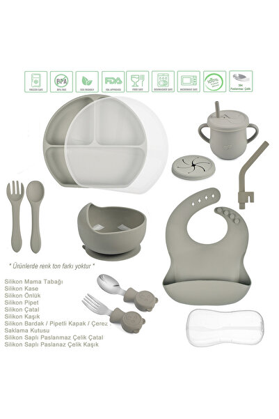 jojobebek طقم إطعام سيليكون مفرغ - لون رمادي، طبق طعام بغطاء وإكسسوارات