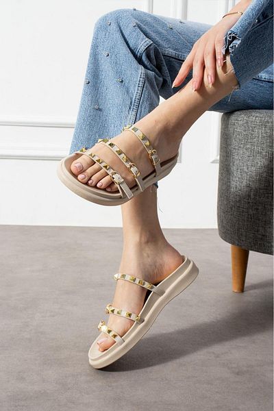 Stilbagshoes Halli̇e Zimba Stone Detail Women's Slippers Beige