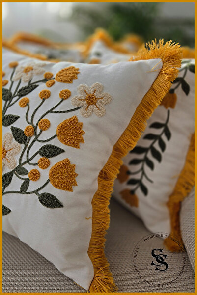 SasoHome Beauty Flowers Punch Embroidery Patterned Linen Throw Pillow Cover