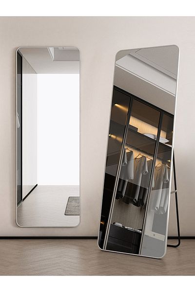 Saharaz Modern Rectangular Full Length Mirror,with Rounded Corners and White Metal Frame,155 x 45cm