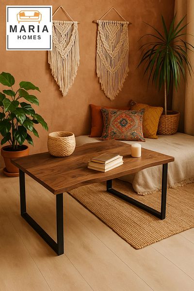 MARIA HOMES Center Table 120x60x45cm – Walnut Wood Finish with Black Metal Base for Modern Living Rooms