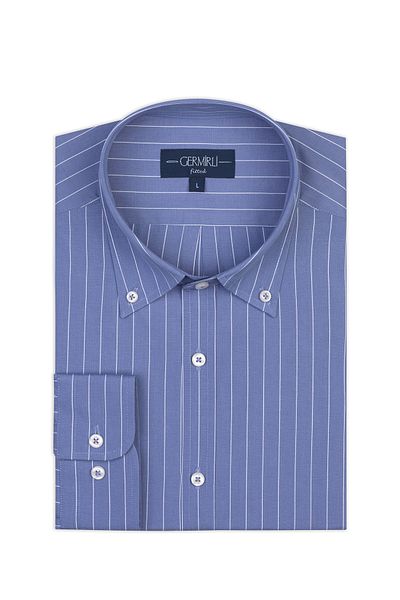 Germirli Blue White Striped Button Collar Tailor Fit Cotton Shirt