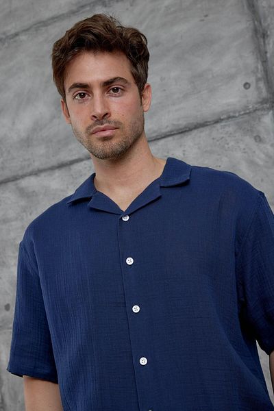 NOMARC Πουκάμισο με κοντό μανίκι Navy Blue Nmrc Muslin Oversize
