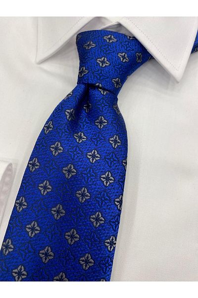 Cacharel Woven Fabric Patterned Navy Blue Ecru Tie