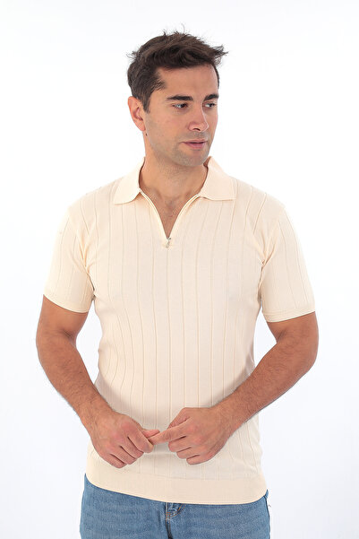 monox Men's Polo Neck Zippered Striped Sports Summer Knitwear T-Shirt