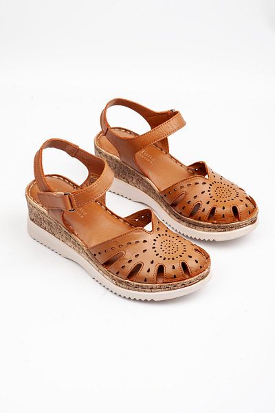 Melek Tuna Women's Genuine Leather Closed-Front Orthopedic Sandals, Wedge Heel Sandals