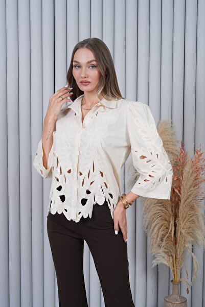 BELISTIL قميص كريمي مخرم من الدانتيل بأكمام بالونية