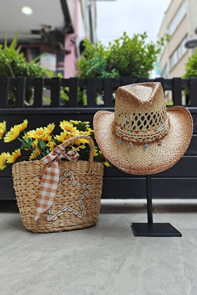 Eswomes قبعة من القش مع تفاصيل محبوكة ونجمة بحر بيج-بني