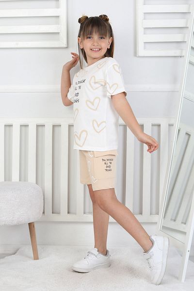 ZUZUNGA Good Things Heart Patterned Girls' Top Single Jersey Bottom 2 Thread Shorts Set