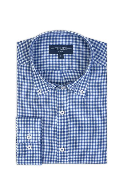 Germirli Albini Navy Blue White Gingham Button Collar Tailor Fit Delave Linen Shirt