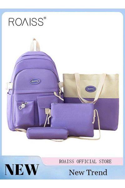 ROAISS 4 Pcs Letter Graphic Colorblock Backpack Set Sweet Large Capacity School Bag Bookbag Shoulder Totes