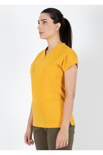 Scrubs Flex Țesătură subțire de vară din Lycra muștar pentru medic și asistentă Tricou chirurgical cu mâneci liliac (Top unic)