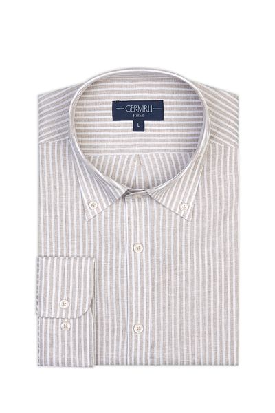 Germirli Thomas Mason Natural White Striped Button Collar Tailor Fit Linen Shirt
