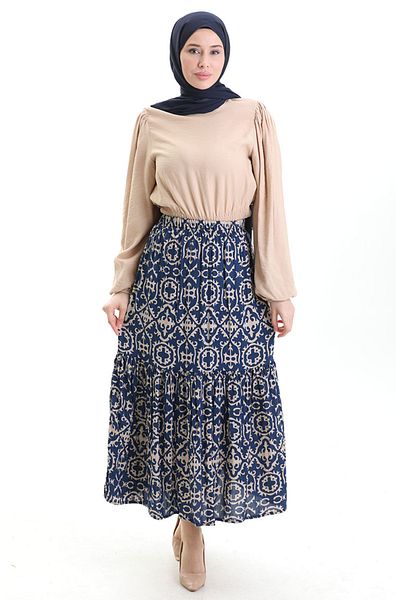 sefamerve Patterned Skirt with Elastic Waist 2058-01 Navy Blue