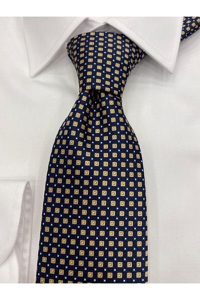 Cacharel Woven Fabric Patterned Mustard Navy Blue Tie