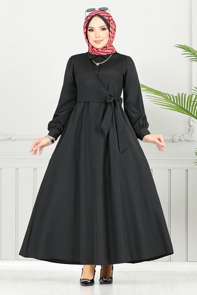 ModaMerve Σετ Hijab με πλαϊνά κορδόνια 3348CR1137-M Μαύρο