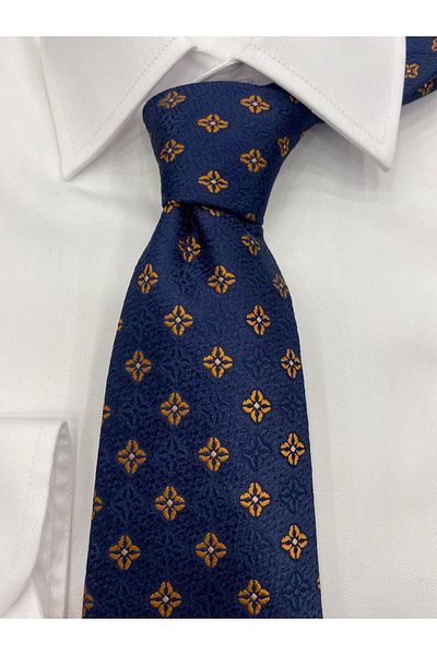 Cacharel Woven Fabric Patterned Mustard Navy Blue Tie