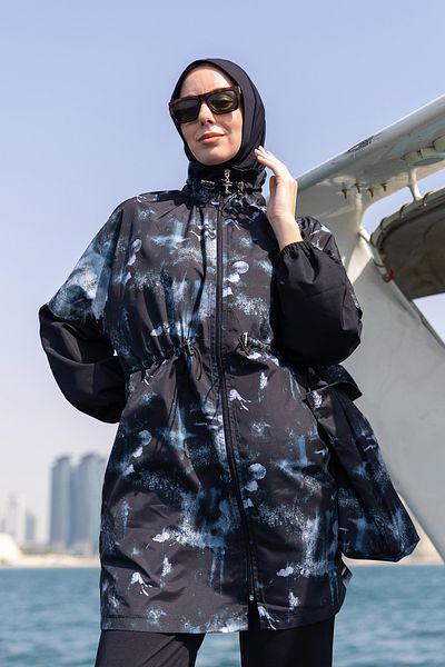 Minel Women's Black Gray Full Covered Hijab Swimsuit Short Set of 2 K-058