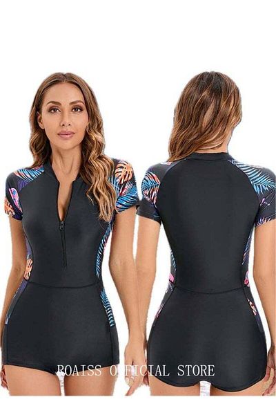 ROAISS Women One Piece Swimsuit Color Block Surf Clothes Short Sleeve Swimwear Conservative Beachwear Bathi