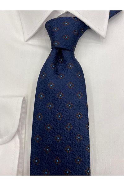 Cacharel Woven Fabric Patterned Brown Navy Blue Tie