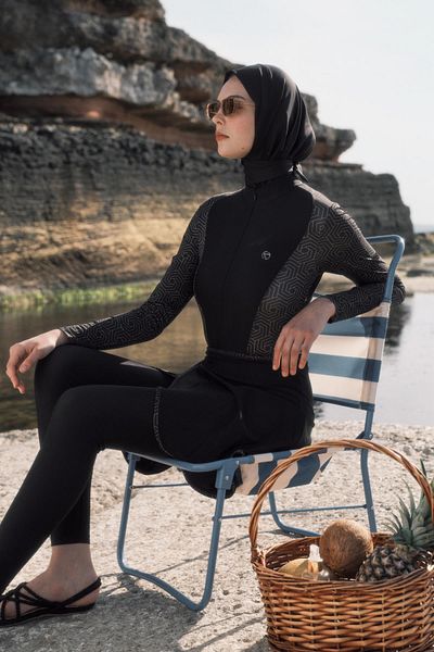 C&City Ολόσωμο μαγιό Hijab με φούστα και καλσόν C13059 Μαύρο/Ασημί