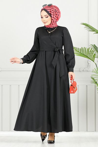 ModaMerve Σετ Hijab με πλαϊνά κορδόνια 3348CR1137-M Μαύρο