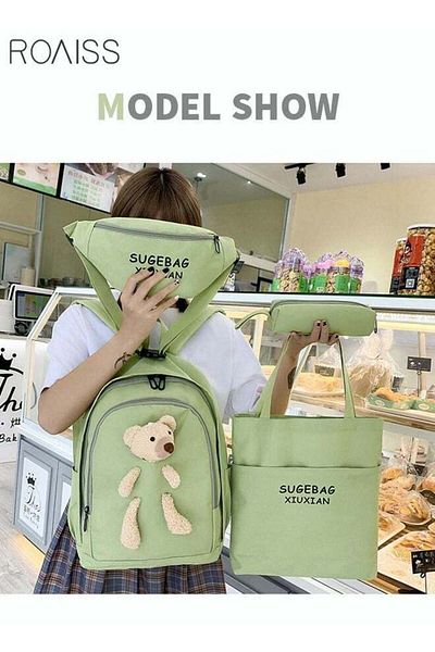 ROAISS 4 Pcs Casual Doll Backpack Set Cute Bear Sweet Large Capacity Canvas Schoolbag Crossbody Sling Bag T