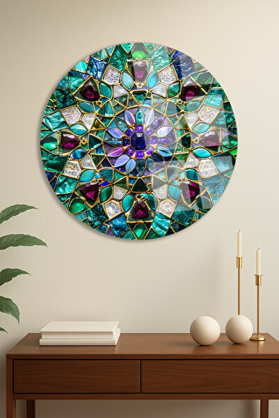 TAULART Masă rotundă din sticlă rezistentă la rupere cu model mozaic cu efect de piatră de smarald și rubin Masă modernă Cadou de lux