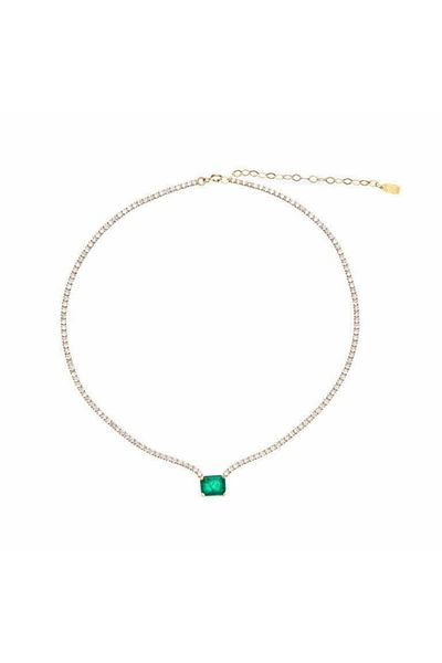 ohmygod jewelry Tennis Colier din Argint si Argint Placat cu Aur cu Piatra Centrala Verde, 35 Cm - Emerald Square