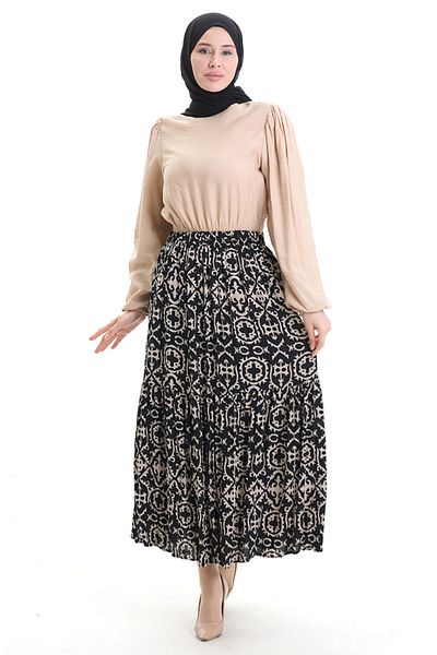sefamerve Patterned Skirt with Elastic Waist 2058-02 Black