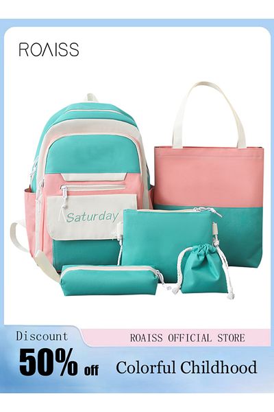 ROAISS Letter Graphic Colorblock Backpack Set Large Capacity School Bags Shoulder Sweet Totes Pencil Case f