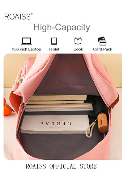 ROAISS 4 Pcs Letter Graphic Colorblock Backpack Set Sweet Large Capacity School Bag Bookbag Shoulder Totes
