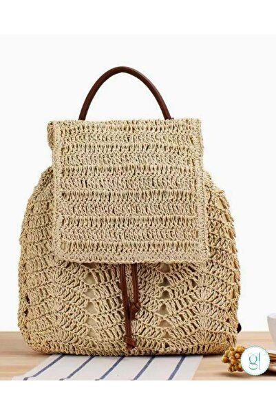Luminos Butik El Yapımı Hasır Örgü Sırt Çantası Bej – Doğal Yazlık Stil 33x34...