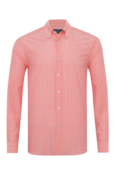Germirli Albini Salmon Color Striped Button Collar Tailor Fit Cotton Shirt
