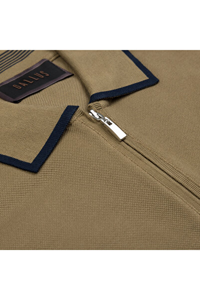 Gallus Olive Green Zippered Polo Neck Pique Mercerized Regular Fit T-Shirt